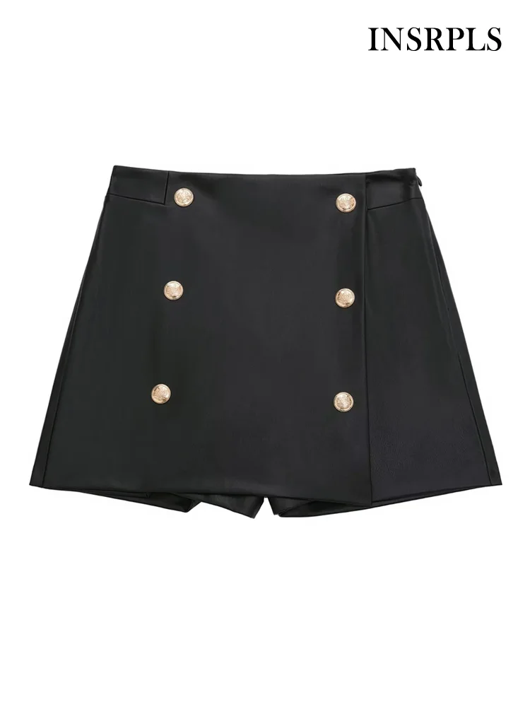 

Женские модные шорты INSRPLS с золотыми пуговицами из искусственной кожи, винтажные юбки с высокой талией и боковой молнией, женские шорты