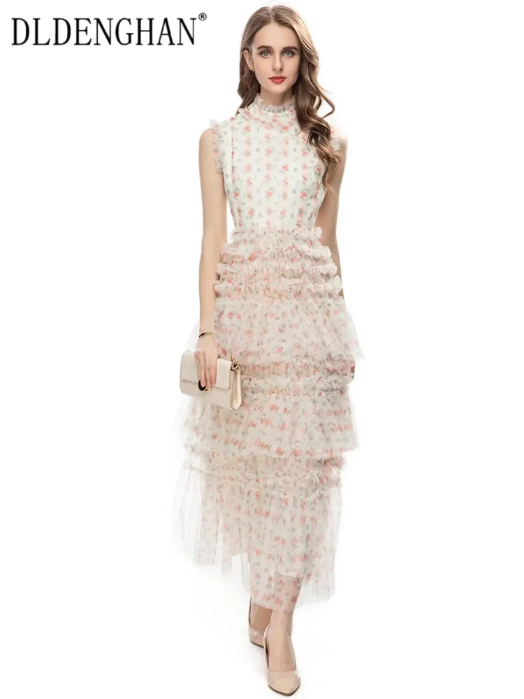 

DLDENGHAN Spring Summer Women Mesh Dress Stand Collar Sleeveless Flowers Print Cascading Ruffle Vintage Dresses Fashion New