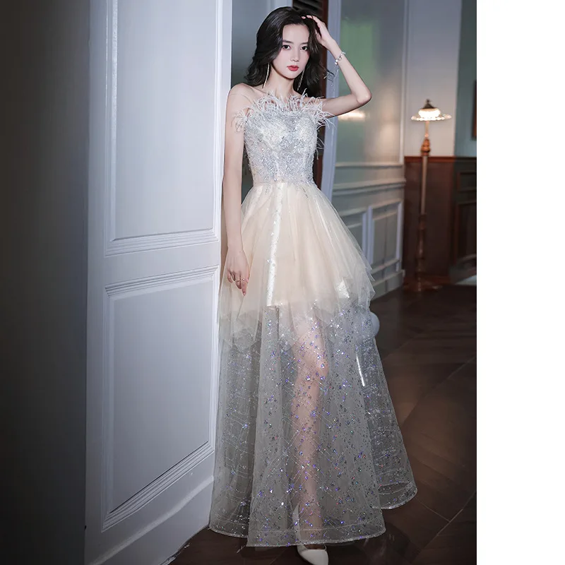 

Luxury Champagne Graduation Dress Elegant Strapless Applique Sequin Evening Dress Tulle Tiered Illusion A-Line Quinceanera Gown