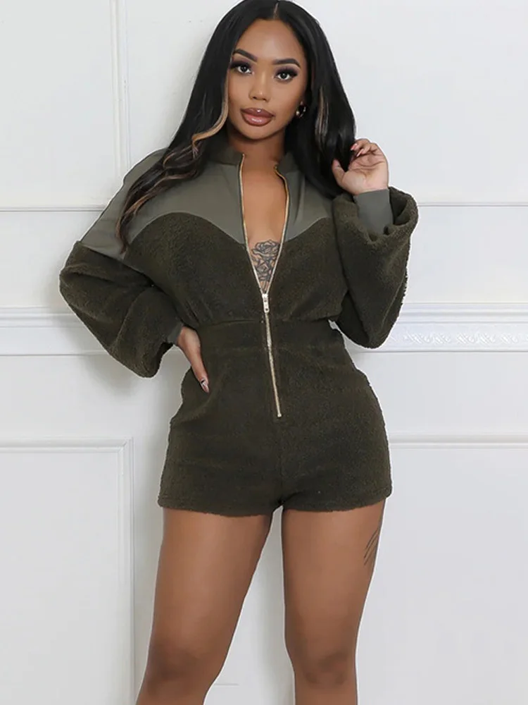 Beyprern повседневные женские пушистые короткие комбинезоны на молнии теплые с