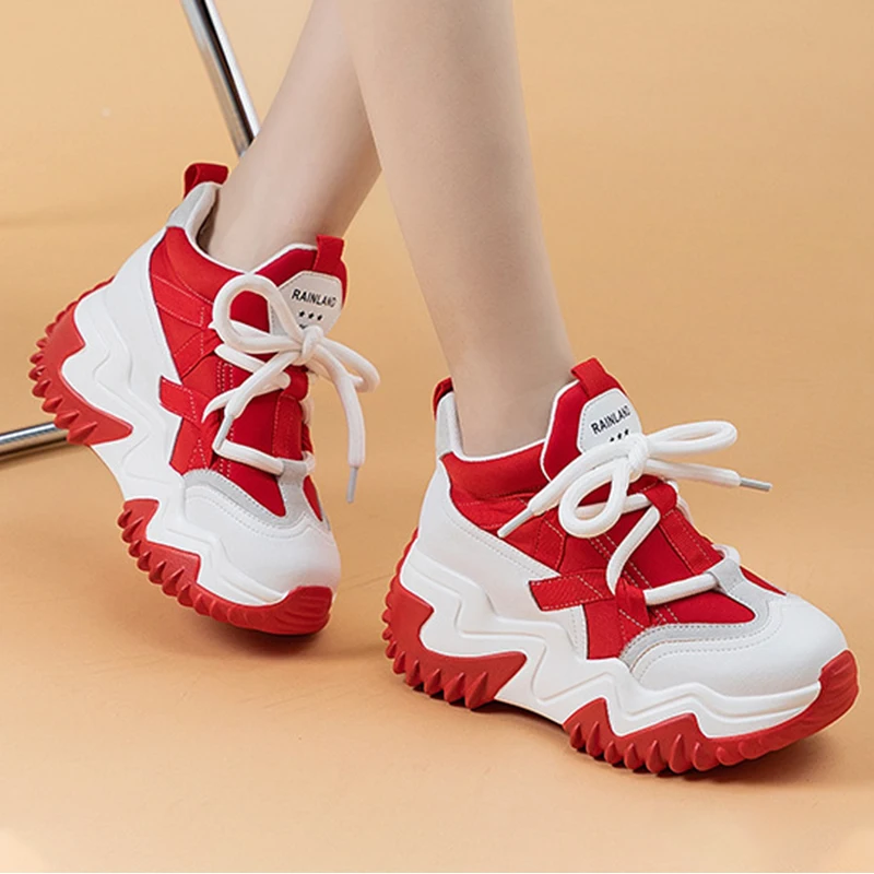 Fashion 7cm Genuine Leather Chunky Sneakers Current 2023 Mesh Female Summer Women Vulcanize Comfy Casual Lace Up Ladies Shoes