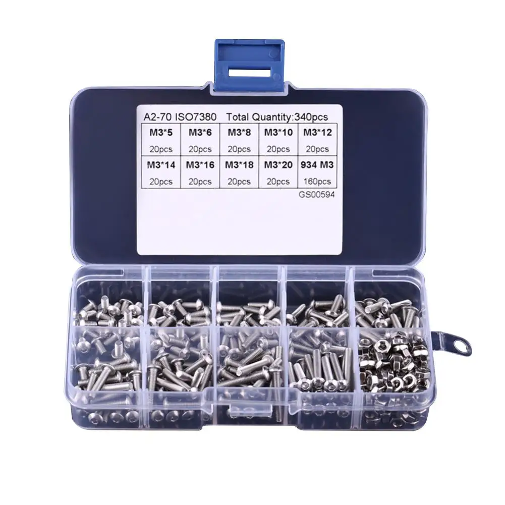 

340 шт. метрические болты M3 304 из нержавеющей стали с шестигранной головкой, набор болтов в ассортименте с шестигранной гайкой, инструменты, а...