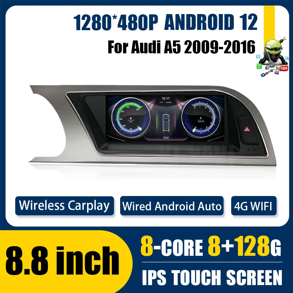 Купи 8.8" Android 12 System For Audi A5 2009-2016 Car Radio Stereo WIFI IPS Touch Screen Carplay BT GPS Navi Head Unit за 15,795 рублей в магазине AliExpress