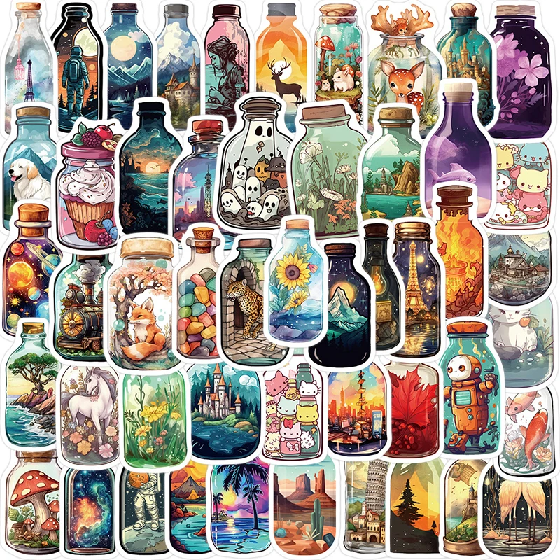 

50Pcs Cartoon Big World in a Bottle Graffiti Sticker Car Guitar Suitcase Laptop Decal DIY Diary Phone Notebook Album Sticker
