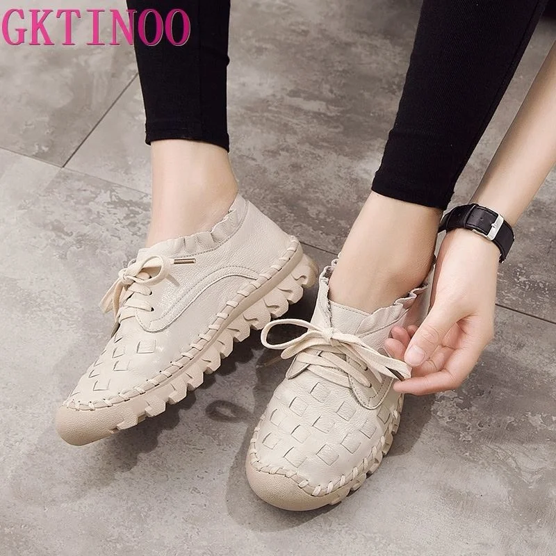 

2023 New Women's Handmade Shoes Gene Leather Flat Lacing Mother Shoes Woman Loafers Soft Single Casual Flats Shoes Women