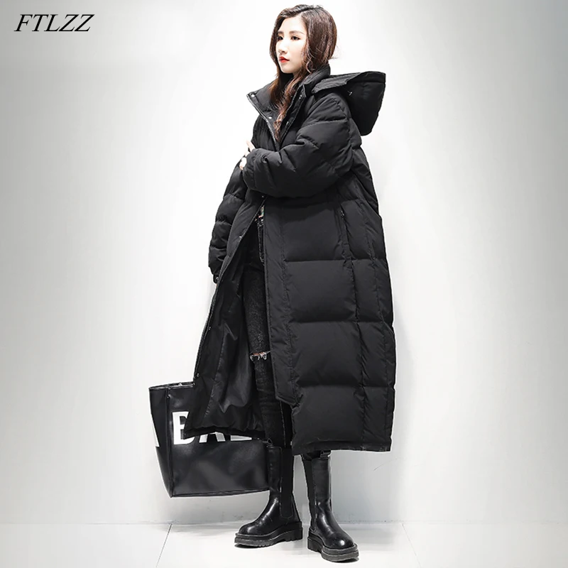 

FTLZZ Winter Hooded Warm Thick Feather Lengthening Jacket Women 3XL Size Snow Down Coat Men Casual Loose Routine Black Outwear