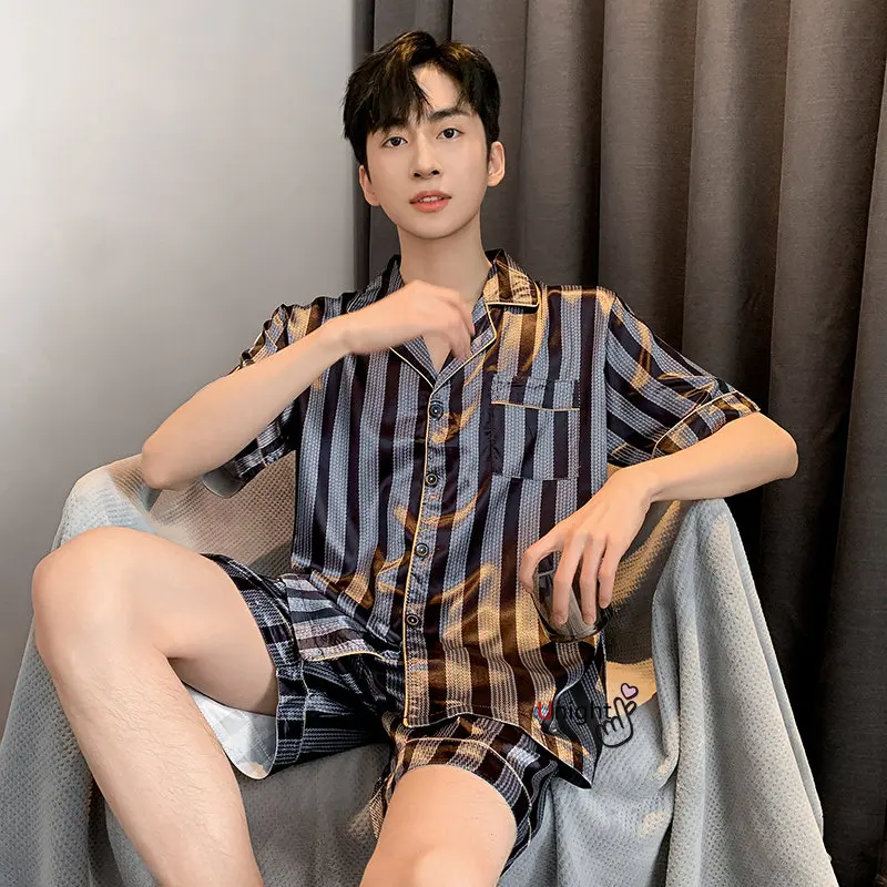 Men Pajama Sets Big Size Lounge Wear Fashion Silk Pajamas Summer Short Pj Set Homewear L-5XL Nightwear Homewear