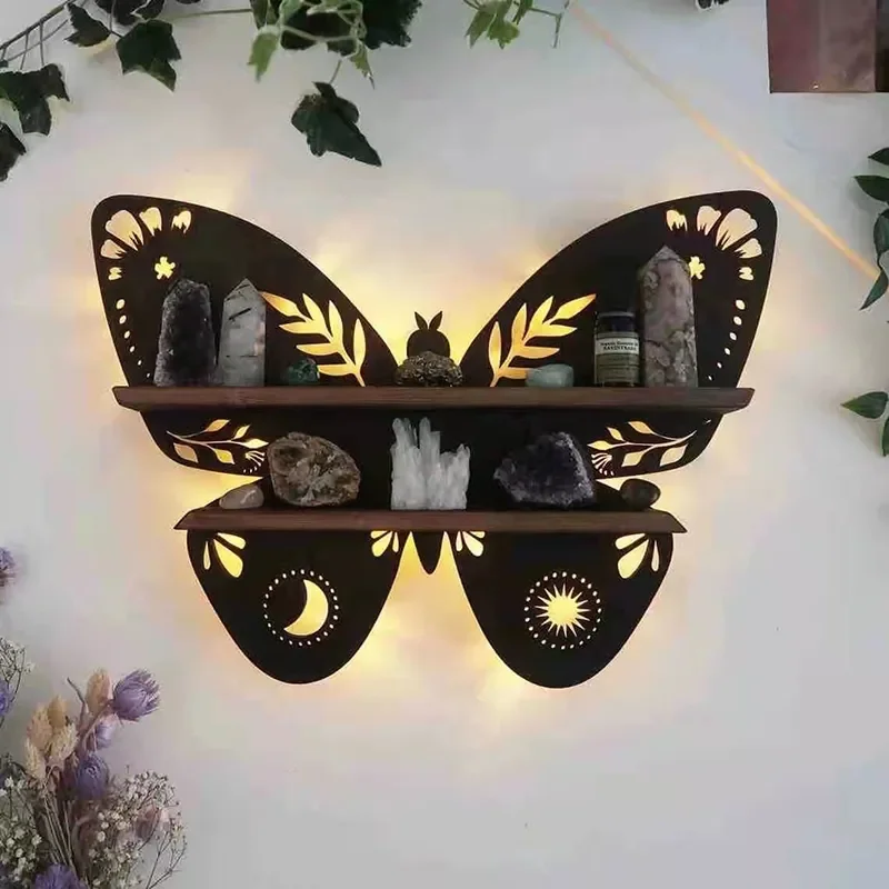

Luna Moth Lamp Crystal Shelf Oil Storage Rack Wooden Wall Display Decor Wall Mount Living Room Home Organizer Shelf