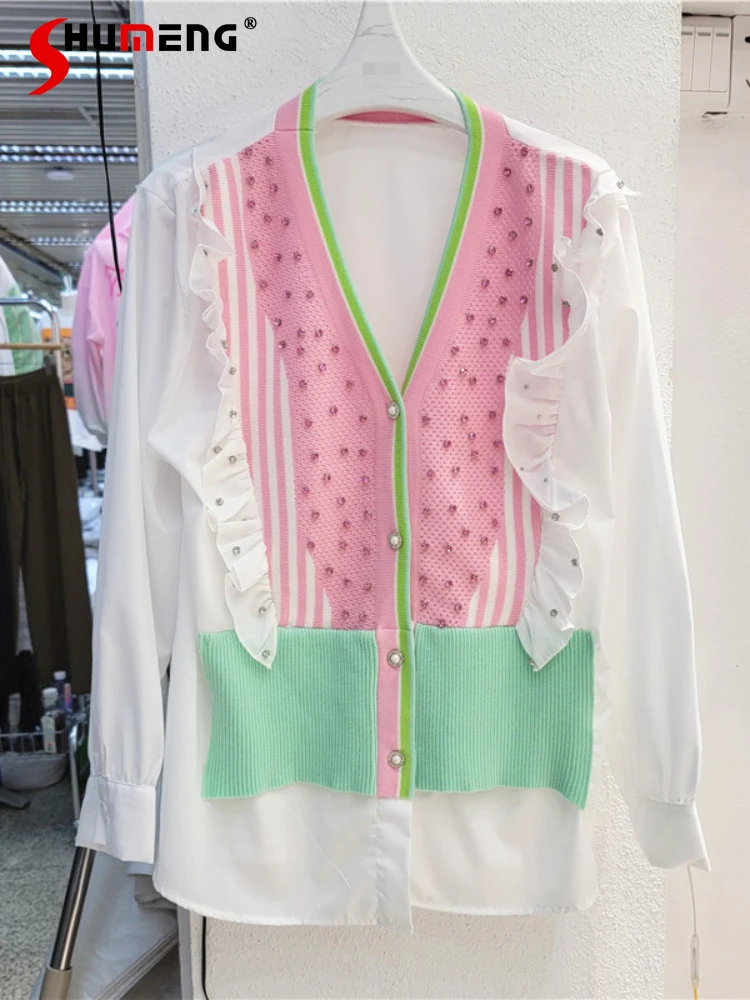 

Fall New Loose Rhinestone Knitwear Ruffles Stitching Knitting Shirt Ladies Elegant Women's V-neck Long Sleeve Shirt Fashion 2022