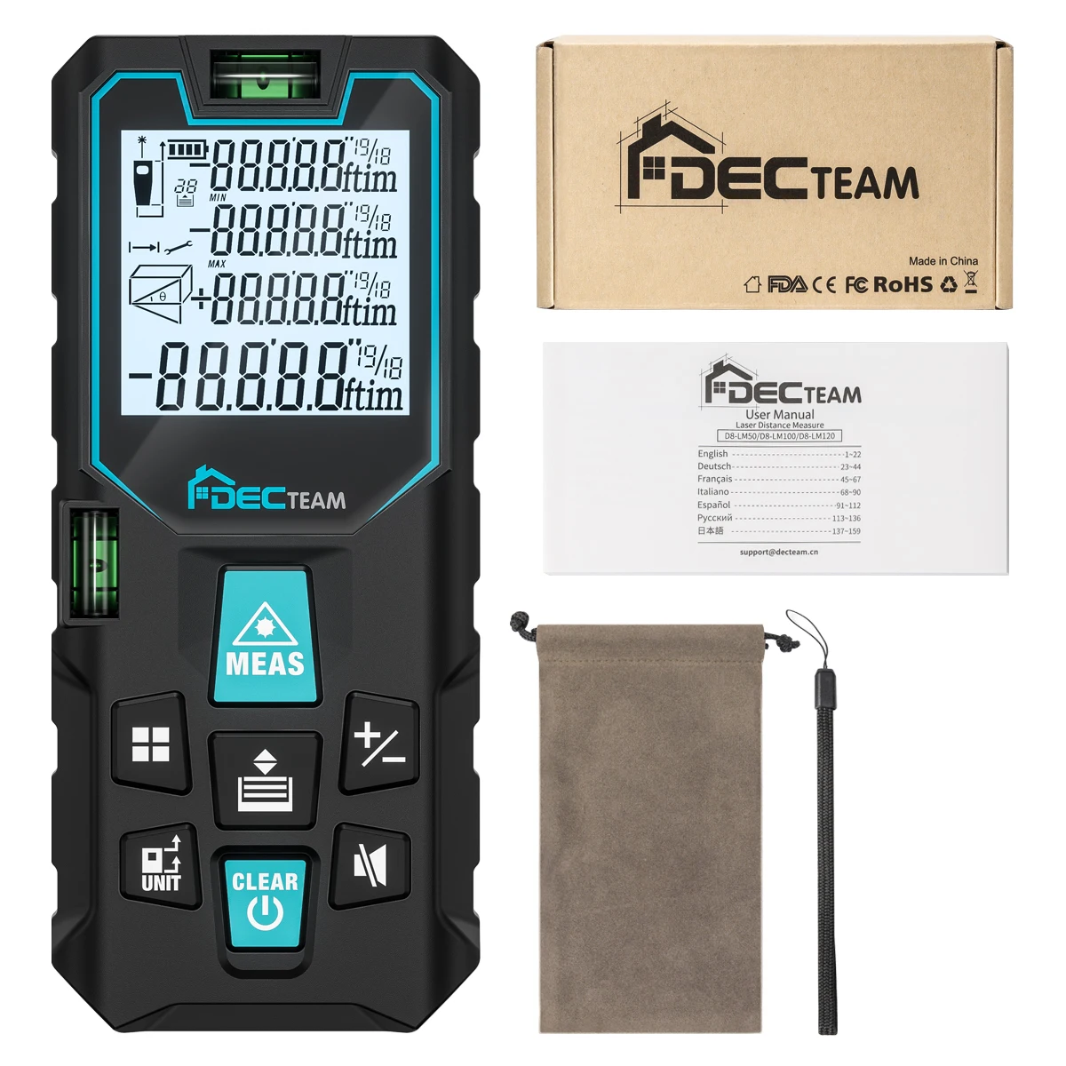 

Decteam Цифровая лазерная лента 50 м/100 м/120 м Лазерный дальномер Высокоточный лазерный дальномер Рулетка Дальномер