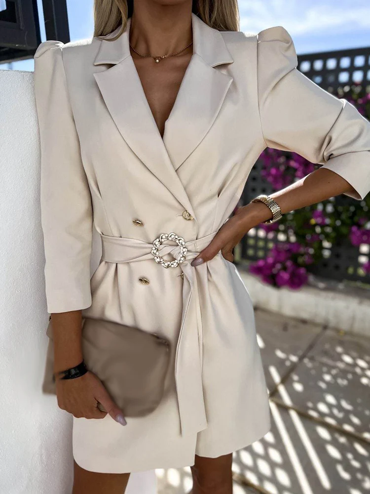 

Elegant Notched Collar Blazer Straight Dress Women Sexy Double Breasted Button Office Dress Spring Puff Long Sleeve Solid Dress