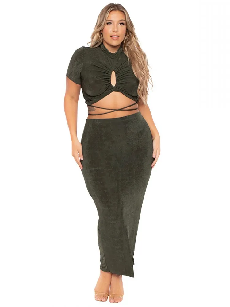 

Long Skirts 2 Piece Sets Women Bandage Hollow Short Sleeve Tops Outfits Summer New Solid Fashion Sexy Skinny Skirt Suit Set 2022