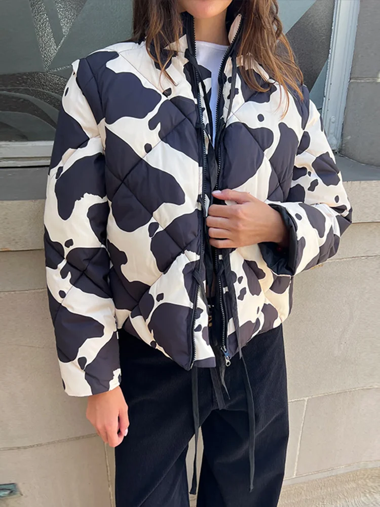 Модное женское пальто с принтом в стиле ретро круглым вырезом на молнии и лентой