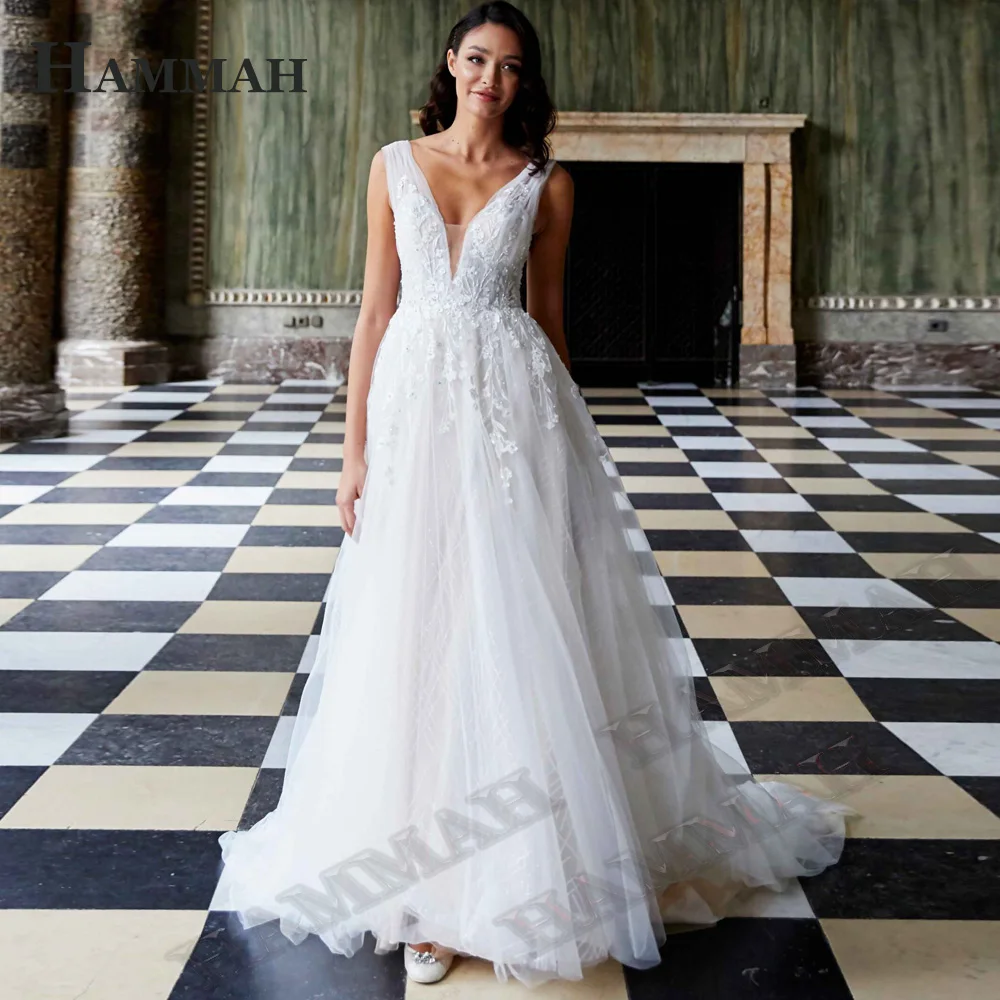 

HAMMAH Tank Wedding Gown For Bride A Line Illusion Sleeveless Appliques Lace Sweep Train Vestidos De Novia Brautmode V Neck