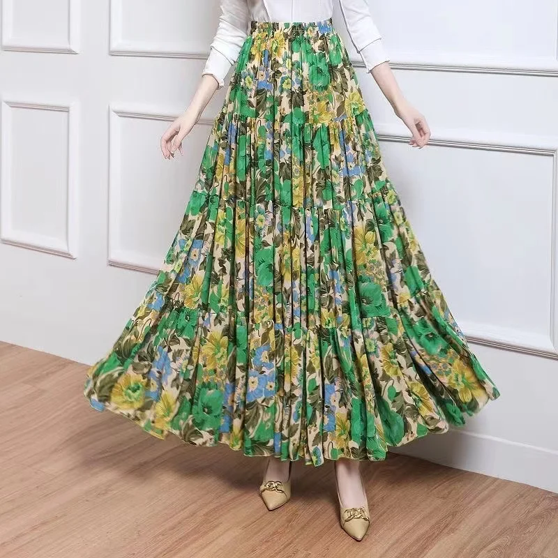 

Женская шифоновая юбка с цветочным принтом, длинная эластичная юбка в стиле бохо с высокой талией, 2023
