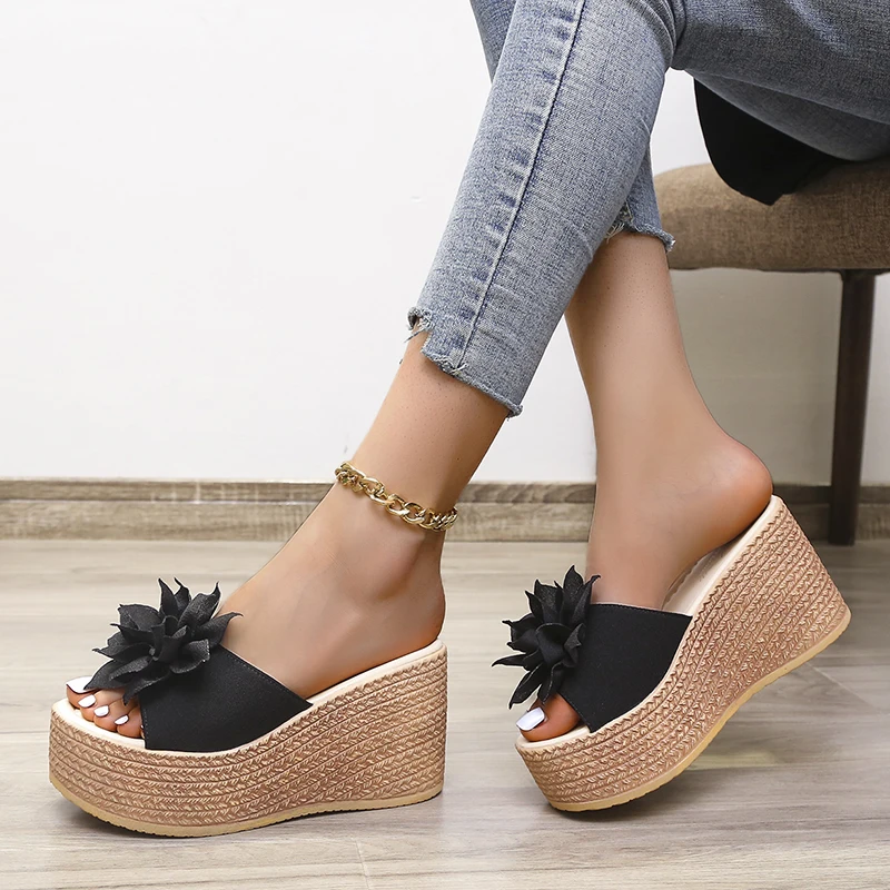 9cm Heels Summer Beach Platform Women Wedge Slippers Appliques Butterfly-knot Female Sandals Clog Shoes Slides Women Flip Flops