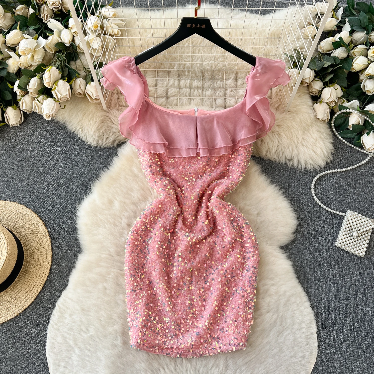 

Women Chic Ruffle Sequin Slip Dress Sexy Backless Elegant Evening Party Robe Women Vintage Slim Hip Wrap Ceremonial Dress