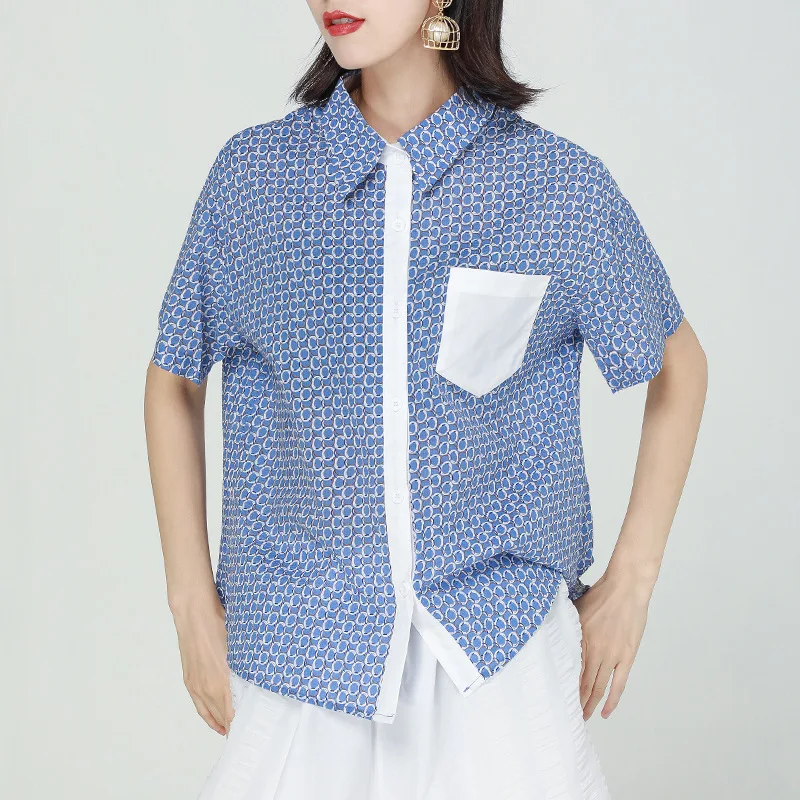 

Circle Pattern Patchwork Pocket Shirt 2022 Summer Women Men Streetwear Harajuku Loose Japan Korean Shor Sleeve Top Blouse 5098