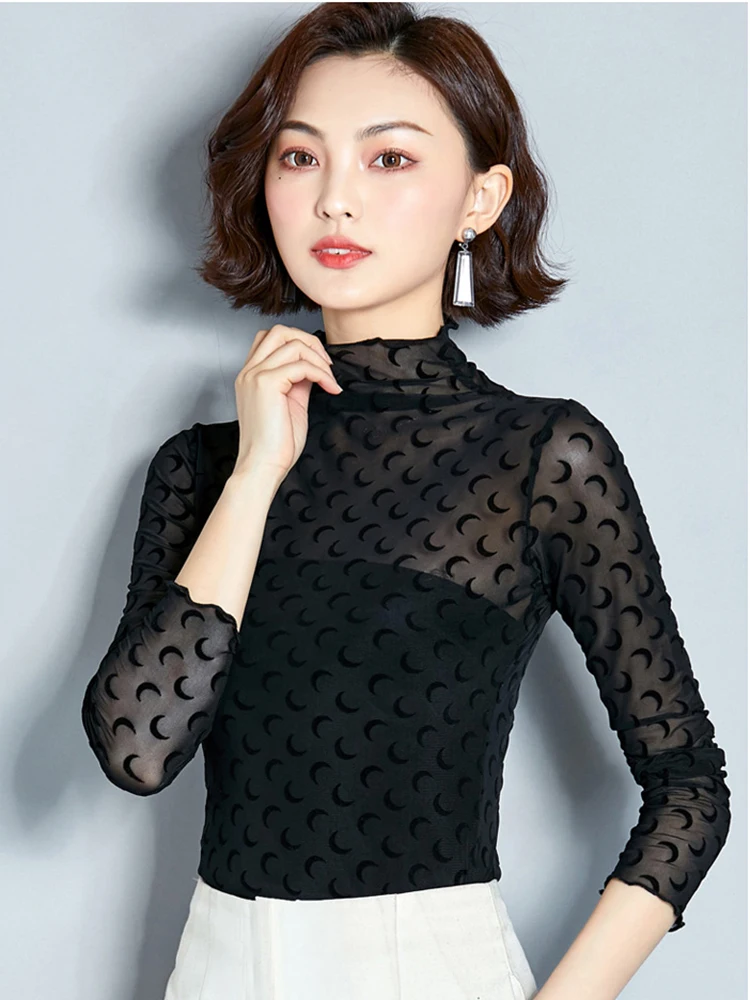 Сетчатая водолазка блузка корейская мода блузки для женщин 2022 рубашка женские