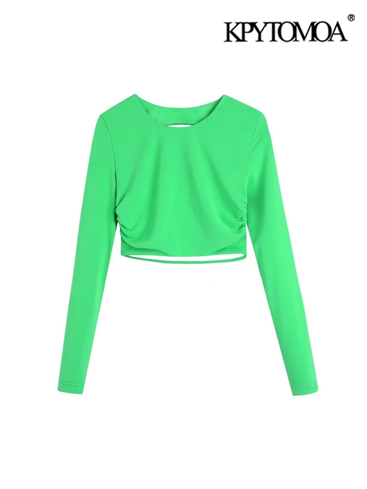 

KPYTOMOA Women Fashion With Gathered Cropped Blouses Vintage Long Sleeve Backless Female Shirts Blusas Chic Tops