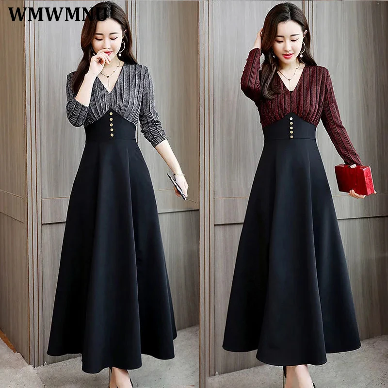 

M-5Xl Big Size Vintage Patchwork A-Line Long Dress Women Elegant Long Sleeve Party Dresses Korean Slim Waist Maxi Vestidos Mujer