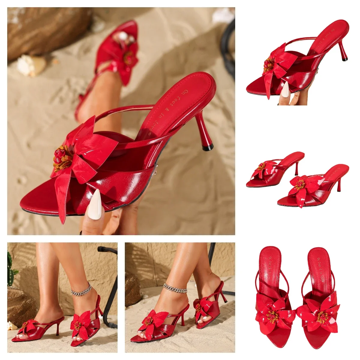 Фото Женские туфли-мюли On Feet & Love Fairy Wind Flower Drag на высоком каблуке 8 см, с открытым носком, для торжественных случаев, комфортные, однотонные, со стразами, на шпильке №2