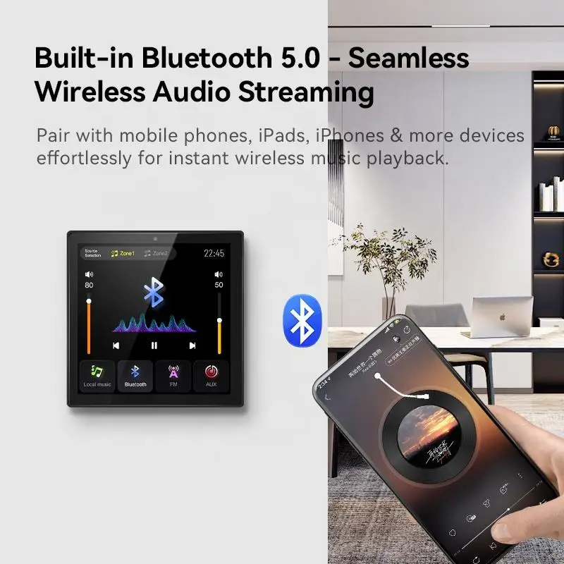 Фото 4-канальные 25-ваттные Bluetooth-усилители для стены с 4-дюймовым сенсорным экраном, 2-зонным управлением громкостью, FM, AUX, TF, панелью управления музыкой №4