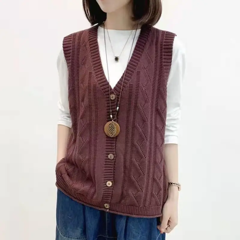 

Women Vest Sleeveless Sweater Solid Vintage Outerwear V-Neck Knitted Top Female Vest Women's Vest Autumn Cardigan Waistcoat B34