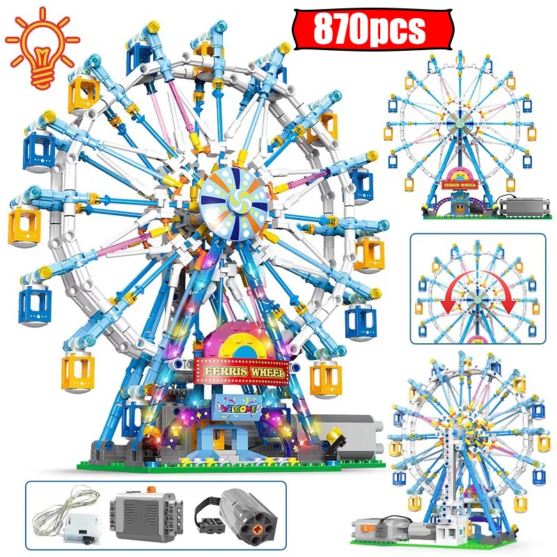 

870pcs City technical MOC Electric Rotating Ferris Wheel amusement park Building Blocks with Light Bricks Toys for Girls