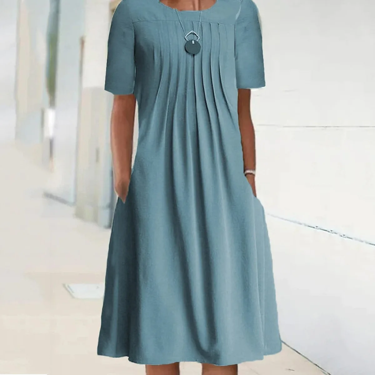 

Spring Summer Women Dress 2022 New O Neck Short Sleeve solid color Long Dress Female Casual Vintage Beach Midi Dress Vestidos