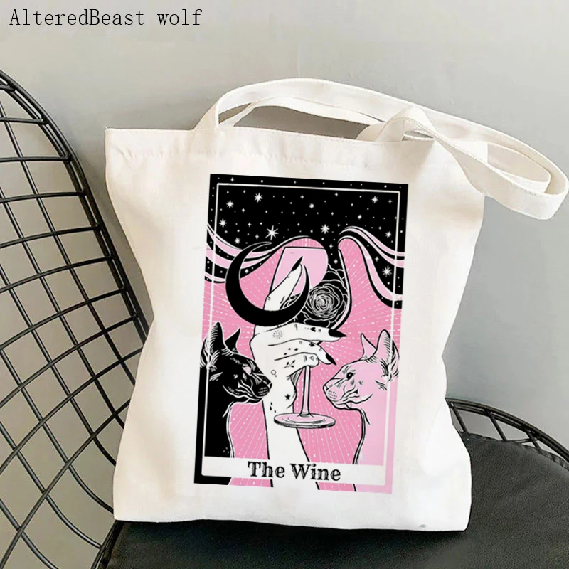 

Women Shopper bag magic cat the Wine Tarot Card witchy Bag Harajuku Shopping Canvas Shopper Bag girl handbag Shoulder Lady Bag