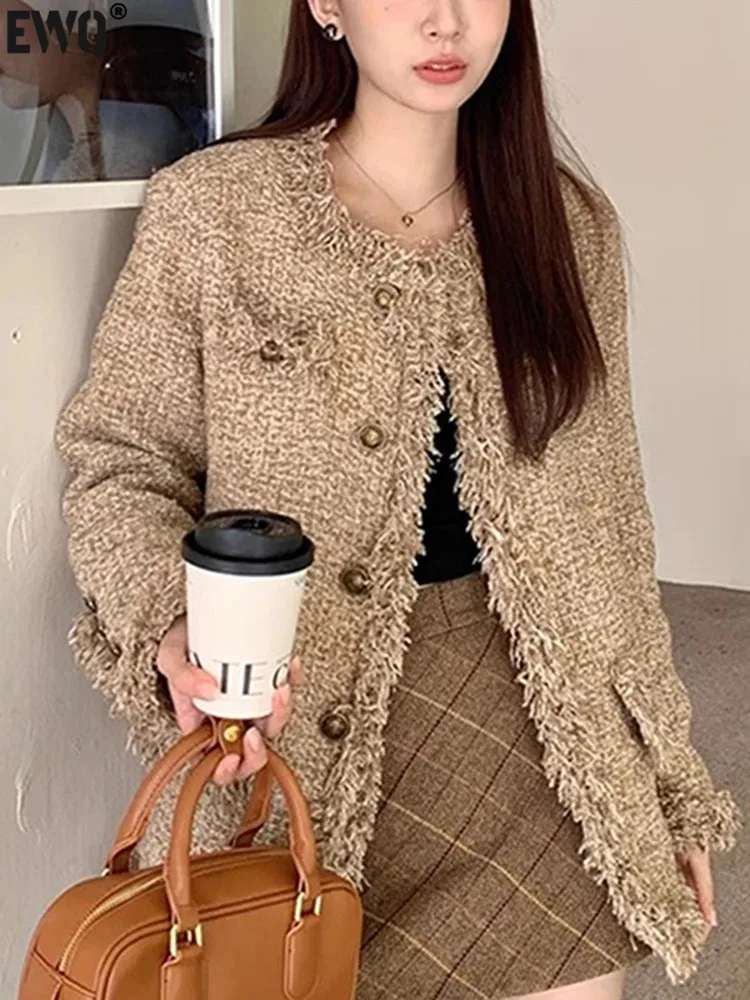 

Женская однобортная куртка [EWQ], Корейская Свободная куртка с круглым вырезом и карманами, с длинным рукавом, верхняя одежда для женщин, Осень-зима 2023, 16U6315