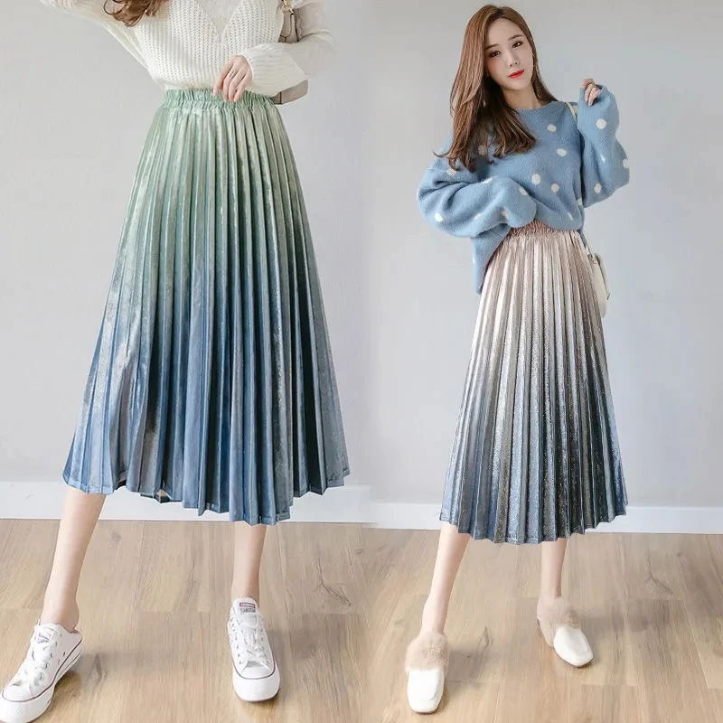 

Winter Metallic Pleuche Pleated Long Skirts Autumn Gradient Colored Velvet A-line Calf Long Skirts