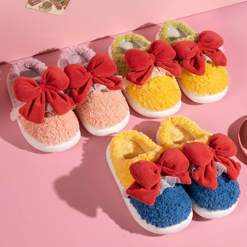 

Big Bow Knot Non-slip Slides Female Thick Sole Platform Slippers New Autumn Winter Warm Women Slippers Covered Toe Home Shoes