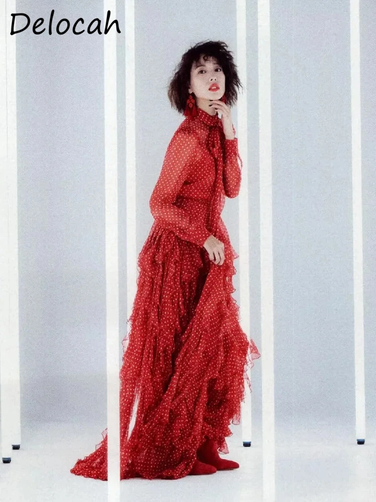 Женское платье-трапеция Delocah красное платье в горошек с длинным рукавом оборками