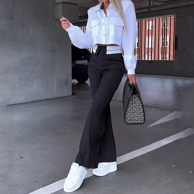 

Women Two Piece Set Spring Autumn Casual Simple Solid V Neck Long Sleeve Shirt Loose With Pocket Pants Sets High Streetwear