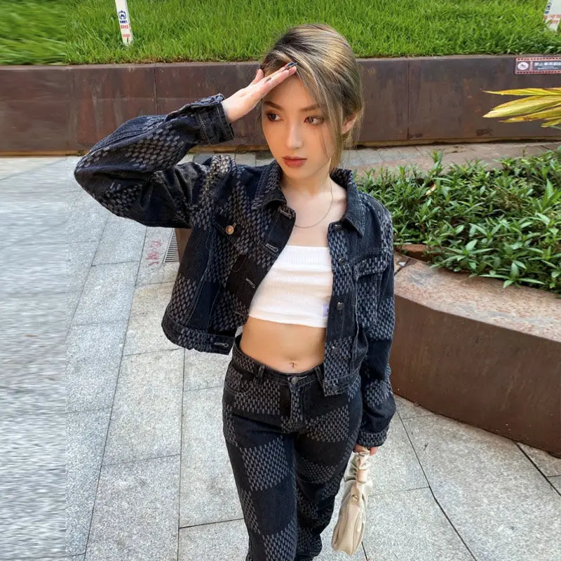 

Women's Spring Jacket 2022 Ins Plaid Denim Jackets Woman 2 Piece Set High Waist Straight Jeans Fashion Suit Femme пальто женское