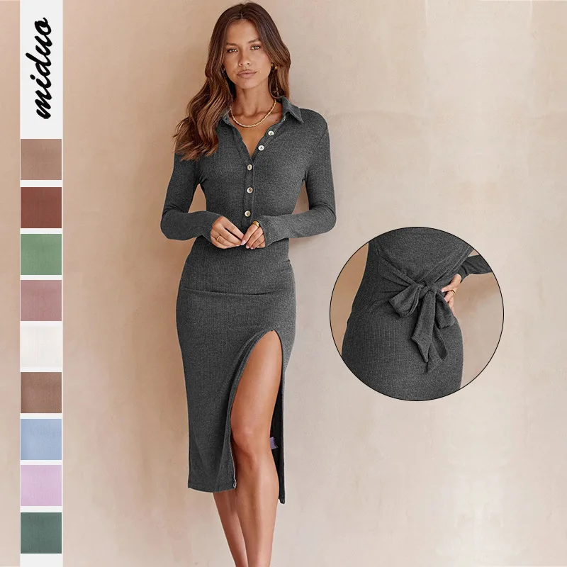 

2022 Autumn Whorl Women's Dress Solid Dark Grey Turn-down Collar Button Side Split Long Sleeve Dress Female Fashion Lady Clothes