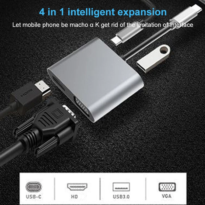 

4k Hub Adapter 4 In 1 Otg Adapter Multi-function Type-c To Hd/m-compatible Memory Card Reader Vga Type-c Adapter Usb C 3.0