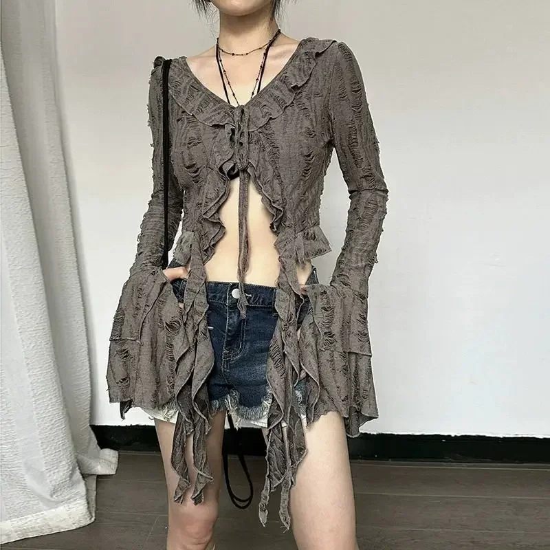 Y2K ажурные женские блузки корейские элегантные топы с расклешенными рукавами и