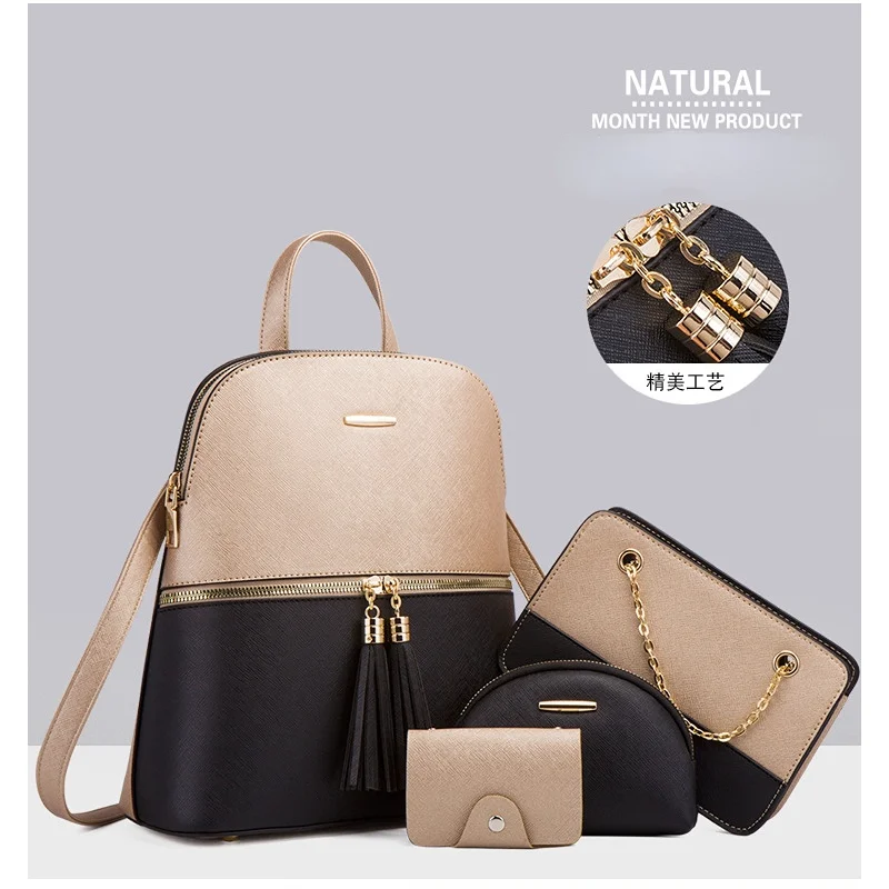 

Women's Fashion Bags 4 Pcs Set Zipper Bag Ladies Color Contrast Backpacks for Women Shoulder Bag Card Holder Composite Bags