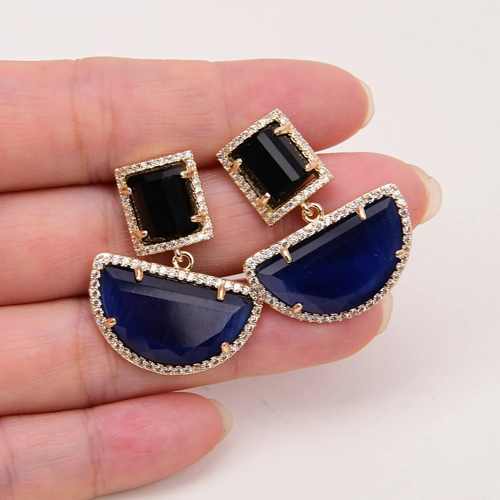 Висячие серьги-гвоздики с золотым покрытием чёрные синие кошачий глаз