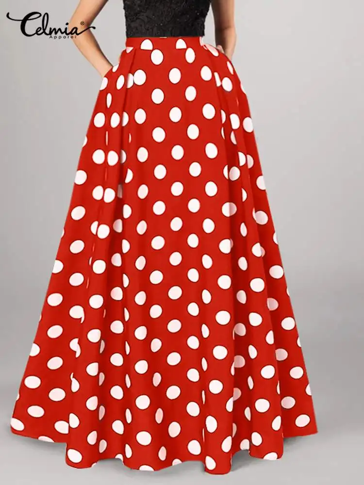 

Celmia 2023 Summer Bohemian Skirt Women Maxi Skirts High Waist Vintage Casual Loose Polka Dot Elegant A-line Long Skirt Oversize