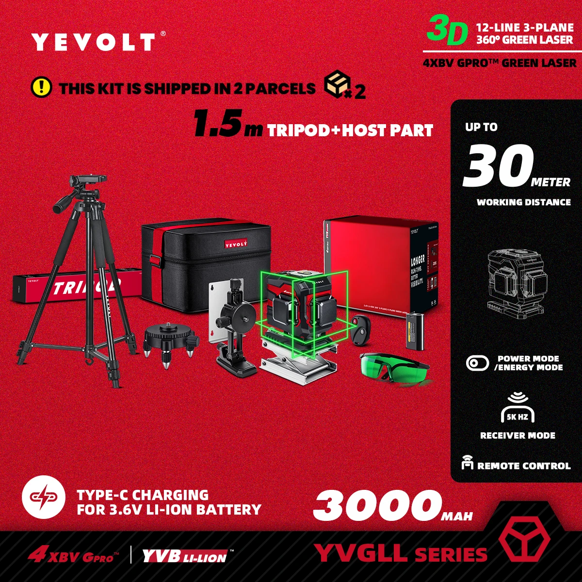 Зеленый лазерный уровень YEVOLT 3 листа 12 линий самовыравнивающийся 360 3D