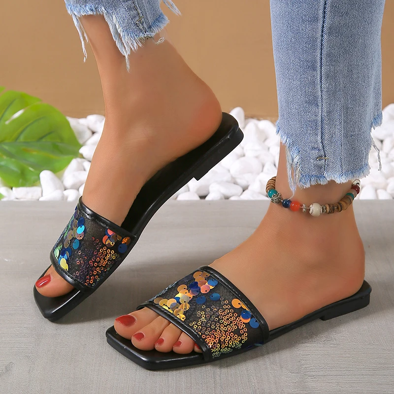 

Шикарные женские шлепанцы, летние Роскошные шлепанцы на плоской подошве для улицы, модель 2023 года, пляжные шлепанцы с блестками, большие размеры 43