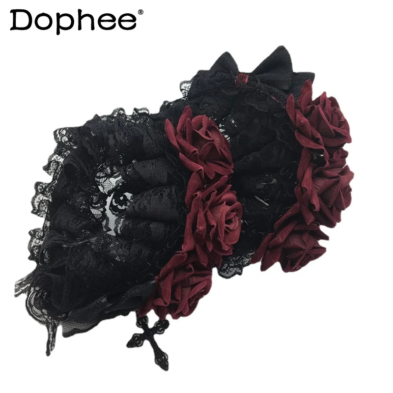

Original Dark Goth Velvet Rose Cross Headband Japanese Lolita Style Headdress Halloween Ornaments Apparel Accessories Headwear