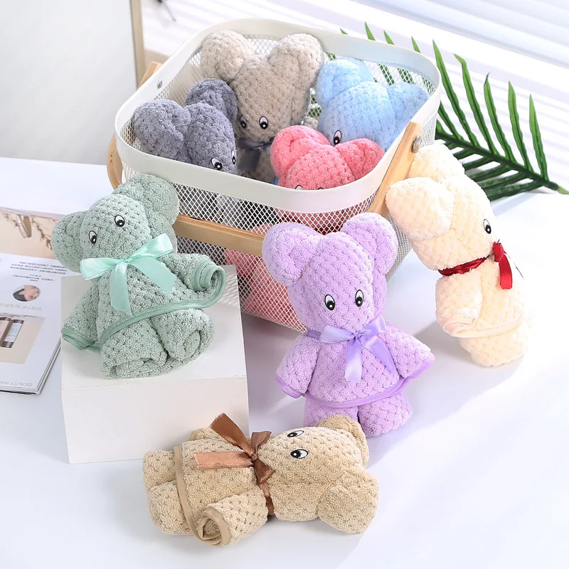 

Coral Velvet Bear Shape Plush Towel Cute Cartoon Animal Doll Baby Towel Soft Absorbent Bath Towel Wedding Business Party Gift