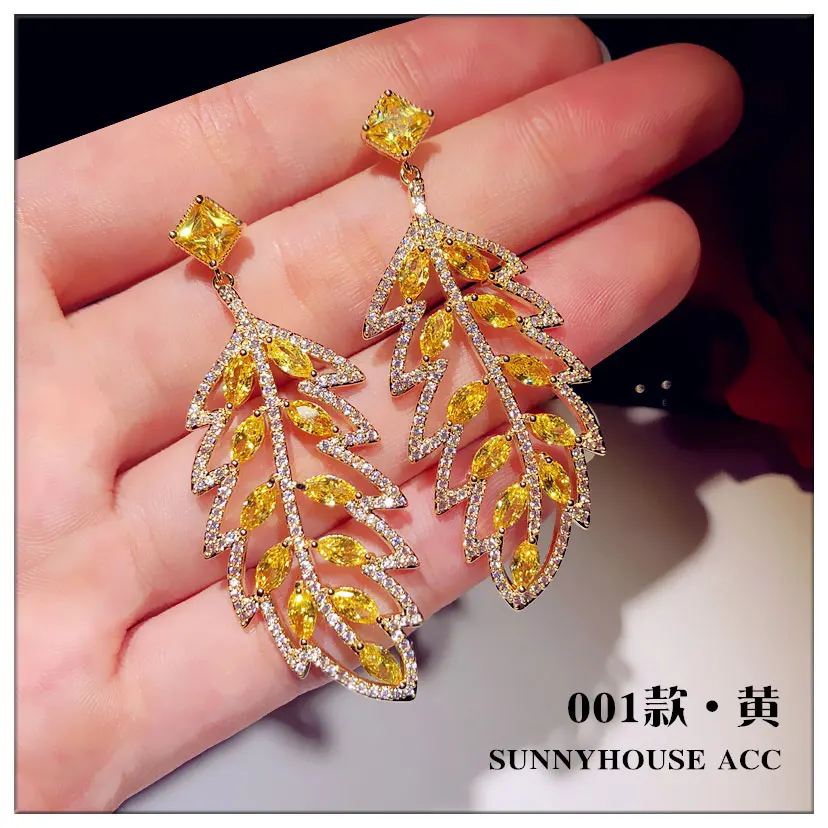 Immortal Retro Summer Yellow Crystal Gemstone Stud Earrings Women South korea Zircon Exaggerated Tassel Silver Needl...
