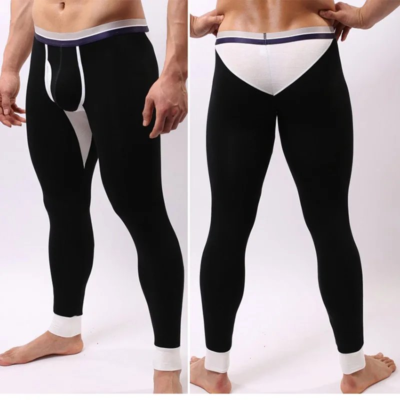 Men Modal Long Johns Thermal Underwear Men Sexy Penis Hole Leggngs Printing Male Thermal Pants Bulge Pouch Lounge Sleep Bottoms