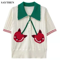 saythen t shirt short sleeved womens embroidery age reducing summer beading hollow cherry doll collar knitted sweater top